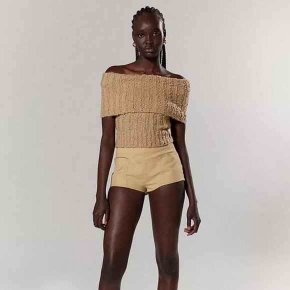 NWT UO Silence + Noise Starlett Foldover Tan Off the Shoulder Sweater - Picture 5 of 6